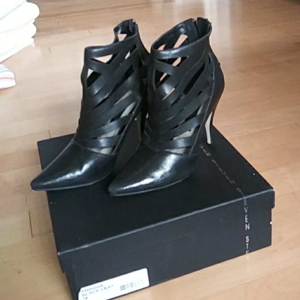 Steven Black leather stilleto booties with cutouts